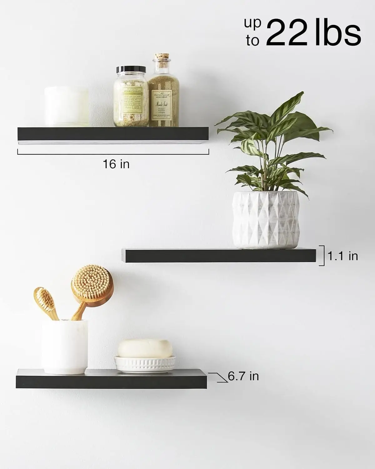 Set Of 3, 16In Black 22Lbs Capacity Mdf Floating Shelves Small Hanging Shelf For Books storage room