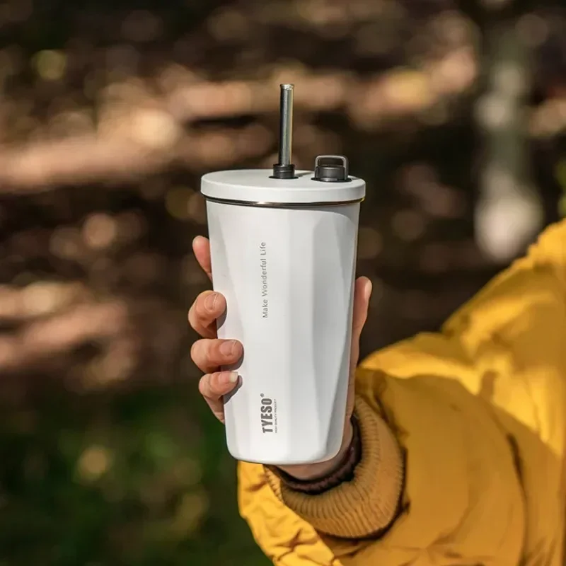 Tyeso 600ml Coffee Cup Vacuum Flask Stainless Steel With Retractable Mounted Straw Keep Cold and Hot Car Mug Bottle