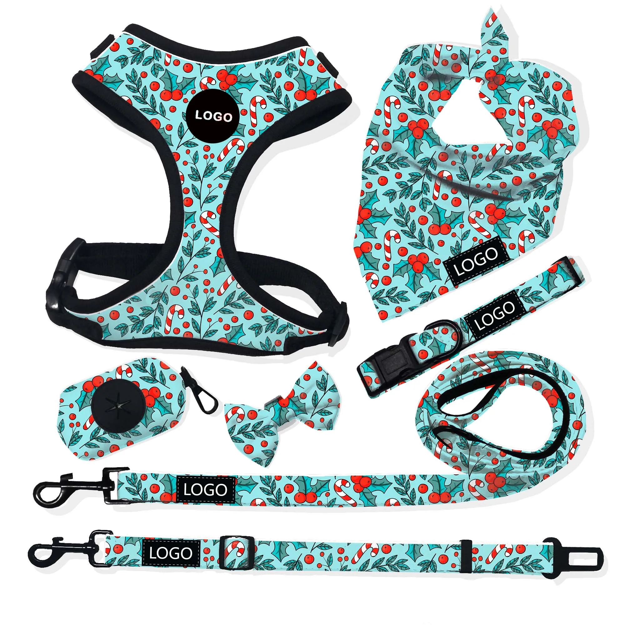 Wholesale Dog Walk Neoprene Dog Harness Set Breathable Mesh Soft Padded Dogs Chest with D Rings Pet Accessories Christmas Custom