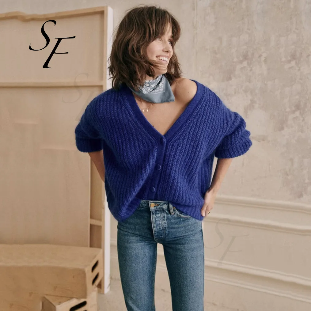 Custom winter mohair wool solid color puffed sleeve beaded rib knitwear sweater sexy V neck knit cardigan for women