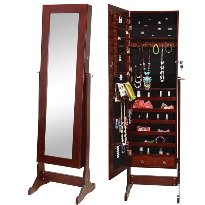 Floor Standing Lockable Wooden Storage Furniture Length Mirrored Jewelry Organizer Cabinet with Little Drawers