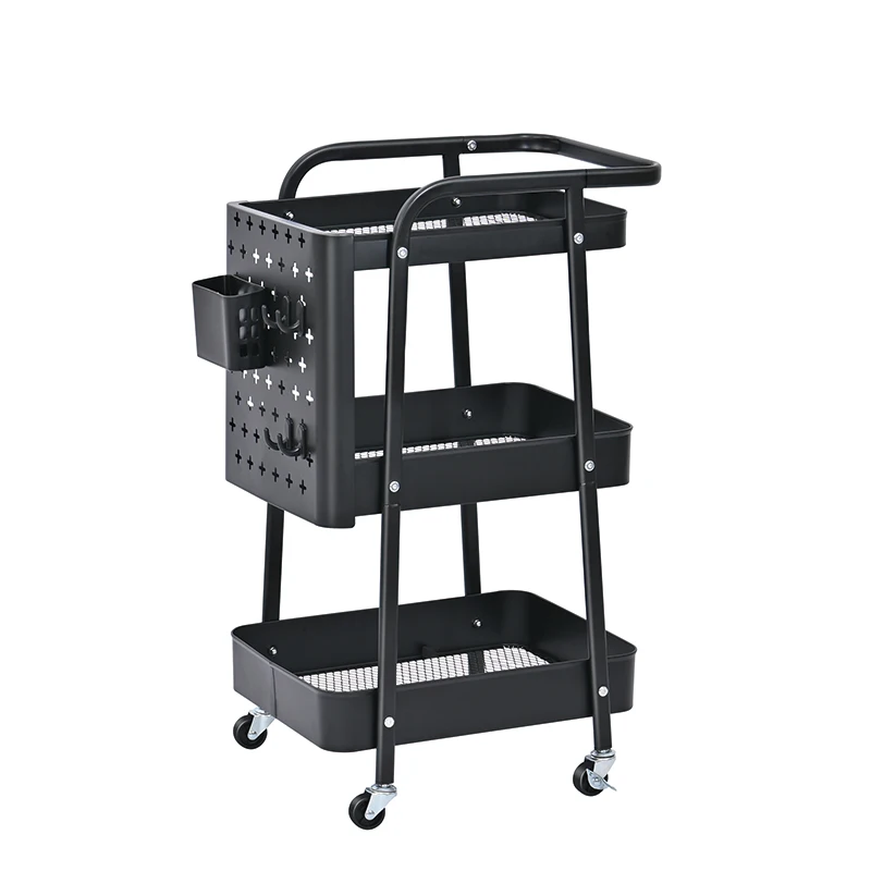 Bedroom Classroom Office 3 Tier Utility Trolley Kitchen Storage Rolling Rack Storage Cart With DIY Pegboard