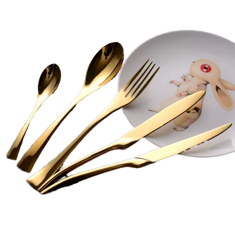 Stainless Steel Flatware Set Golden Spoon and Fork Thick Handle Gold Cutlery for Restaurant