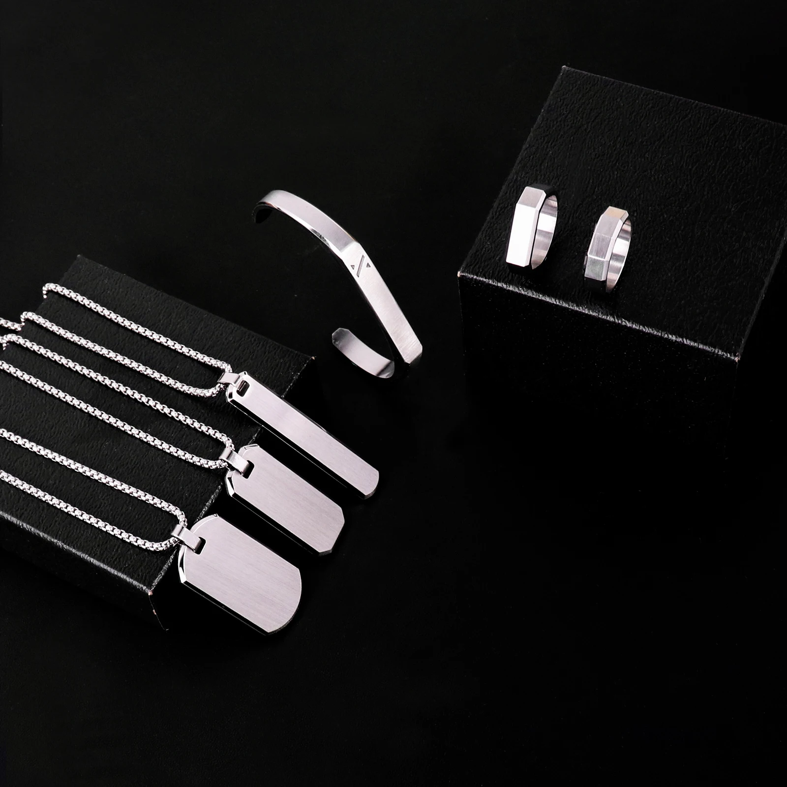 Fashion Custom Logo Personalized Name Men Bangle Ring Necklace Stainless Steel Jewelry Set For Men