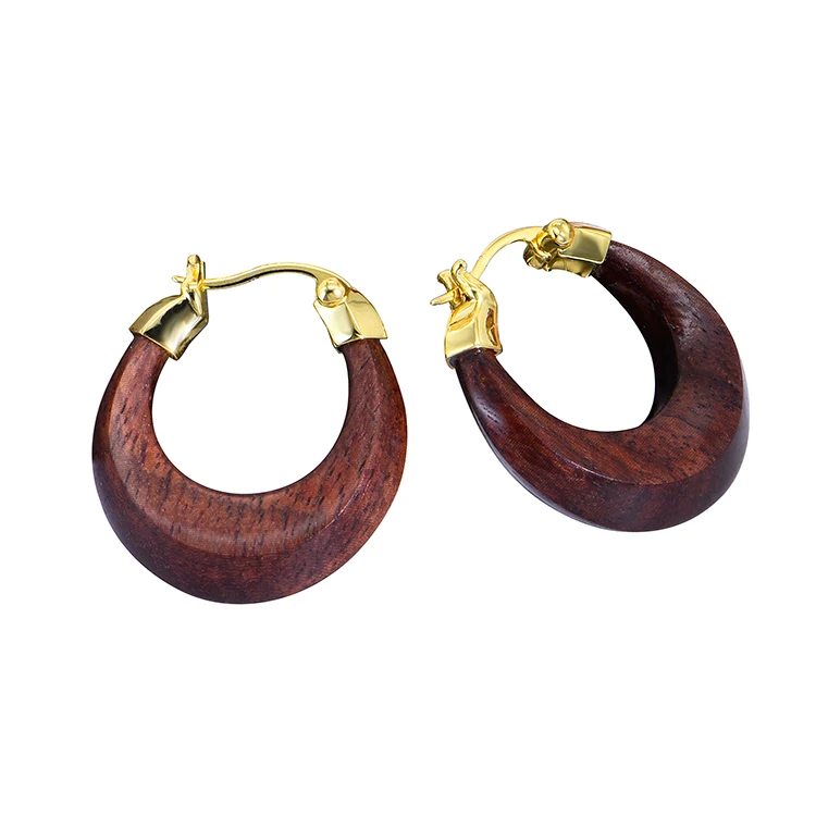 14K Hypoallergenic Gold Filled Wooden Hoop Earrings Natural Red Ebony Close fitting Chunky Style Earrings for Women