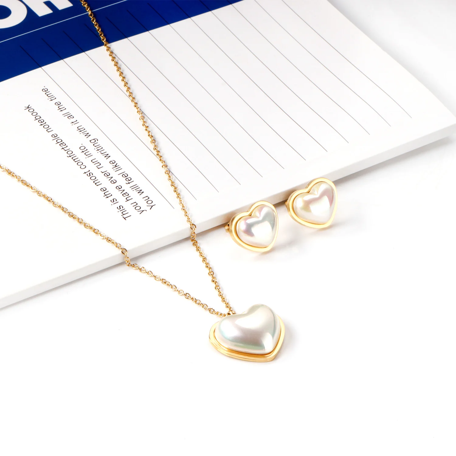 Good Price Fashion Stainless Steel Jewelry Set Fancy Heart Shape Stud Earrings Hypoallergenic Pearl Pendant Necklace