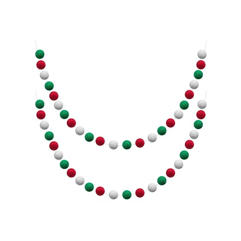 Handmade wool felt garland  white red green DIY pompom Christmas wreath tree and fireplace banner holiday decorations crafts