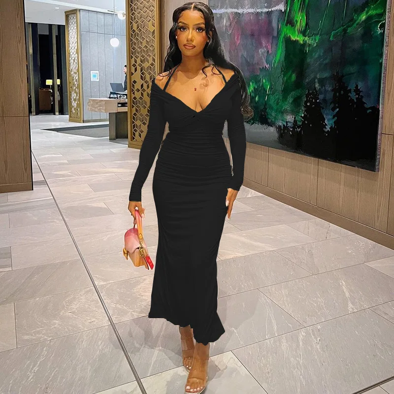 Fashionable Wedding Elegant Women Solid Color Bodycon One Shoulder Dress