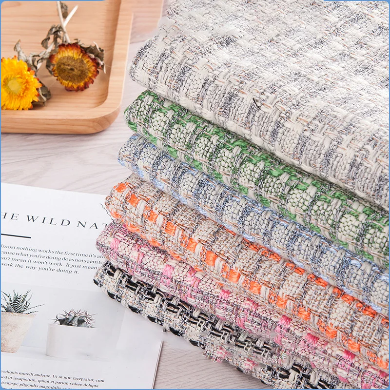 2023 new fashion spring and autumn plaid woolen pillow blanket fabric ladies tweed coat fabric with gold material