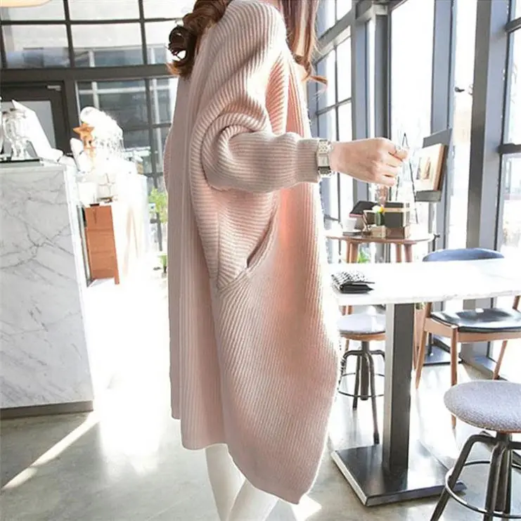 Wholesale Autumn Winter Korean Fashion Mide Cardigan Loose Knitted Batwing Sleeve Long Sweaters For Women