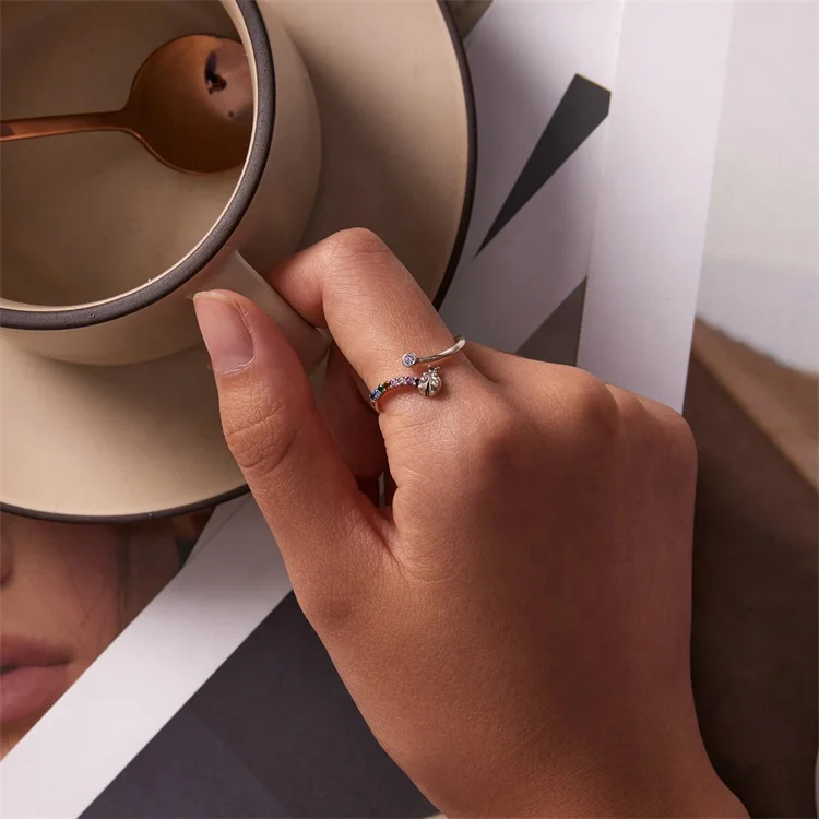 Youchuang new ladybird color zircon open casual ring adjustable fashion jewelry kids animations cute silver 925 rings for girls