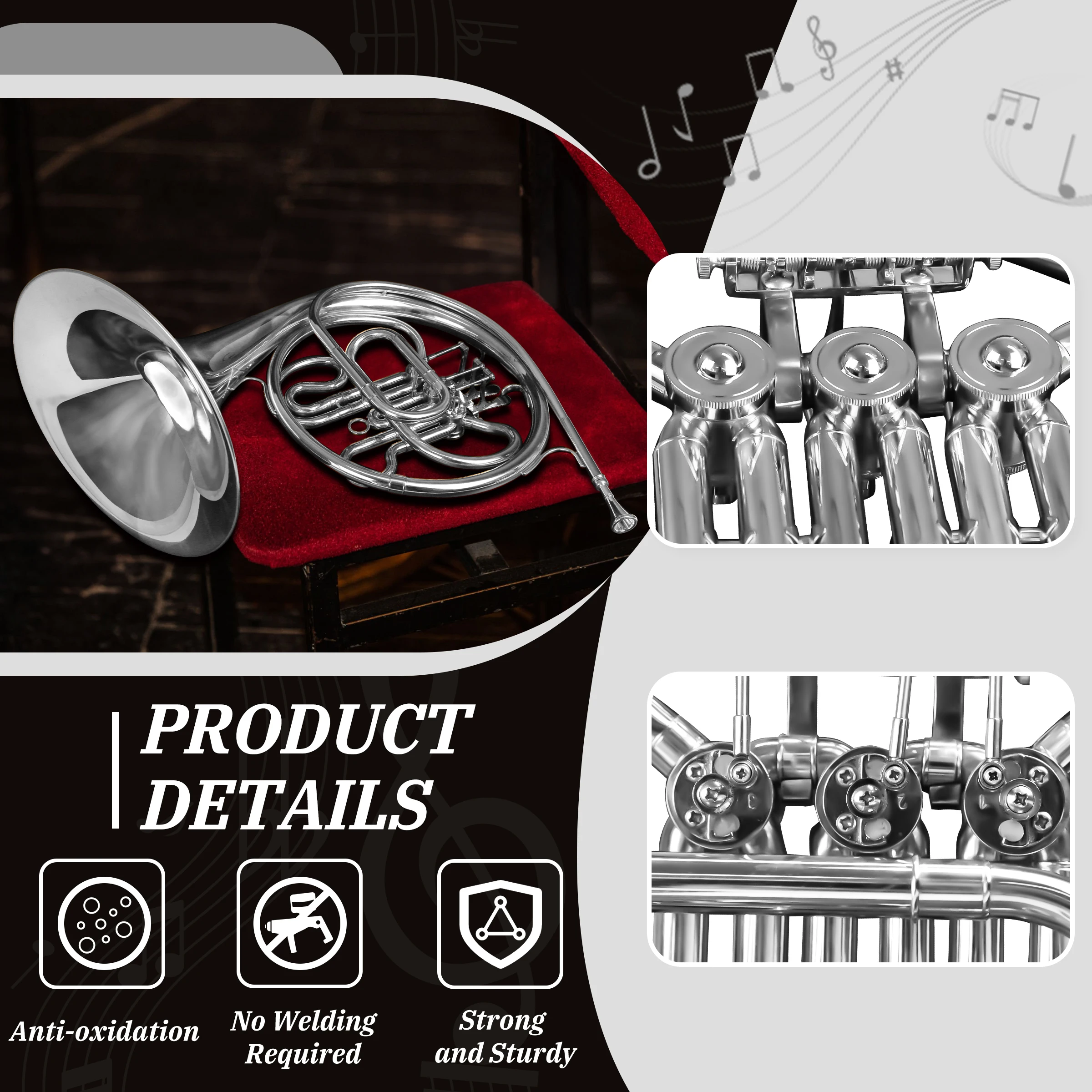 Silver Instrument Professional Triple French Horn 3 Keys Bb Brass Single French Horn for Beginner Professional Playing