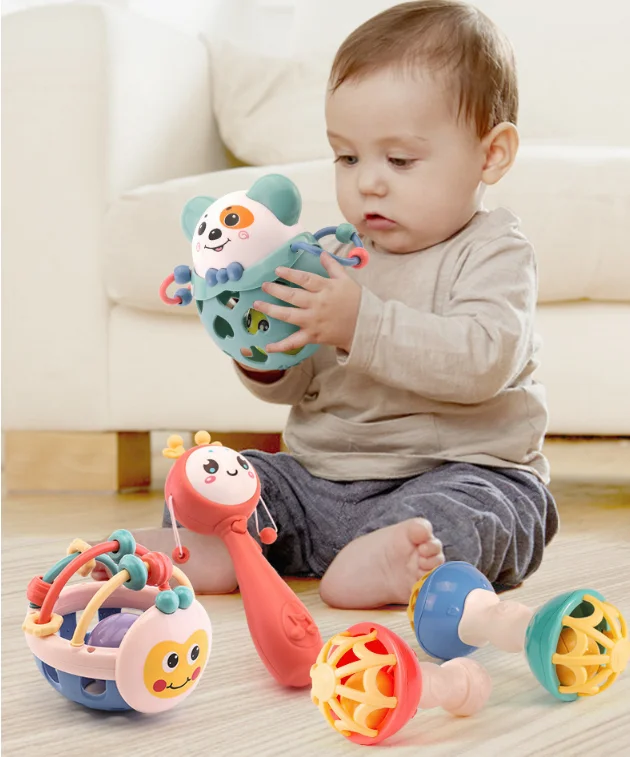 Amazon hot sell baby belling musical plastic silicone colorful hand rattles for