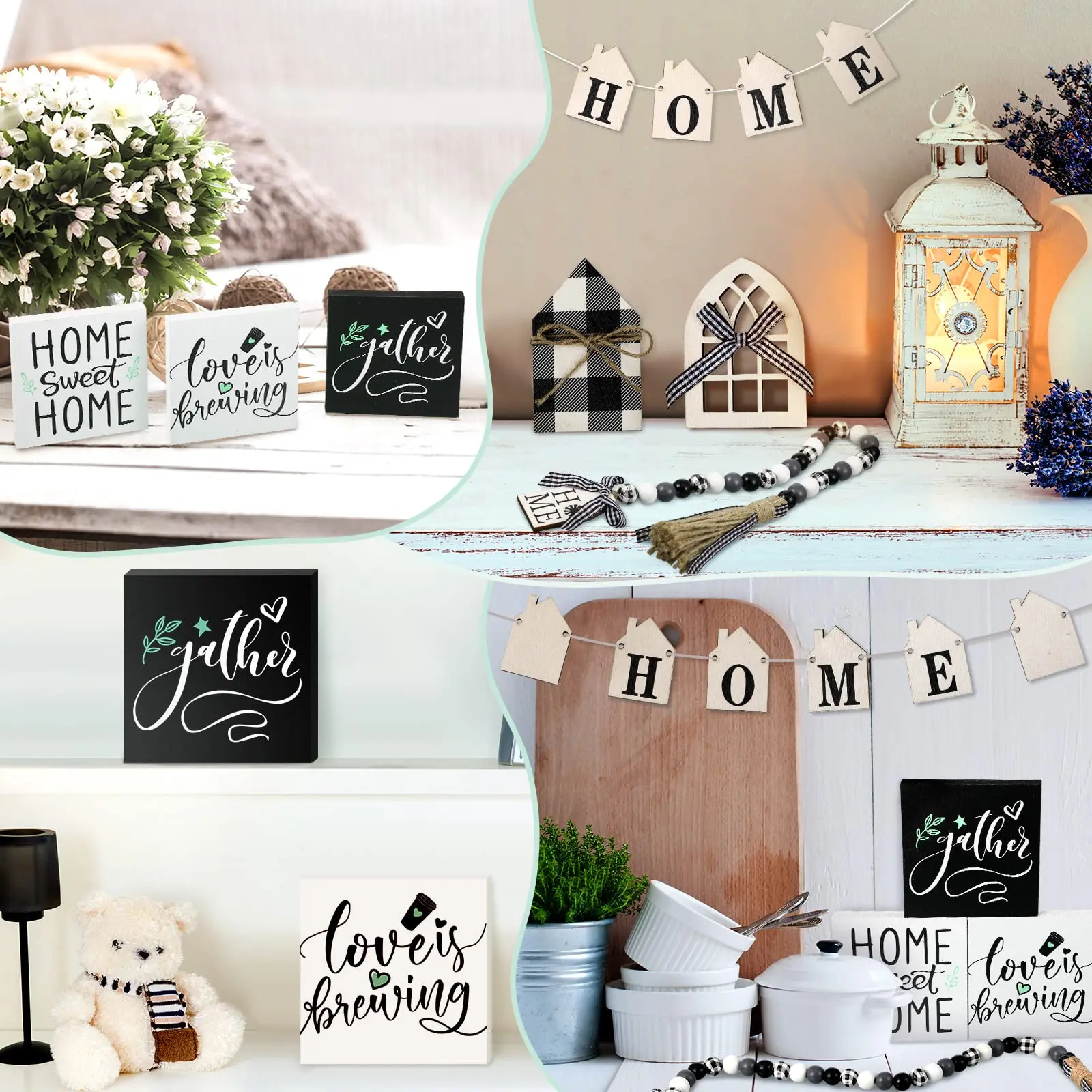 Farmhouse Tiered Tray Decor Rustic Wooden Home Blessed Mini Signs Wood Bead Garland with Tassel Mount Window Frames for Kitchen