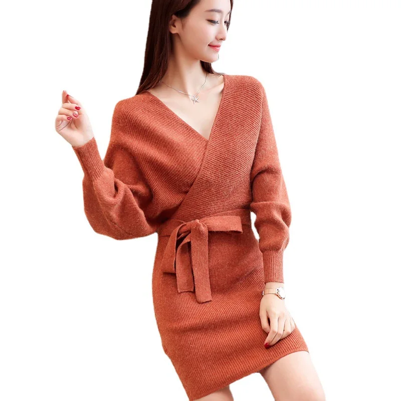 2023 spring new arrival fashion lady v neck slim fit plain color split sweater dress