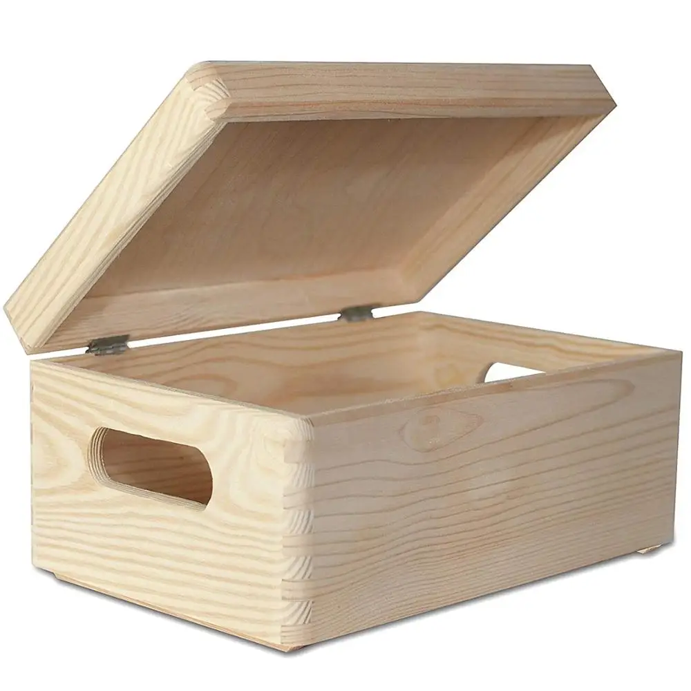 
Large Wooden Box Storage Toy Keepsake Wood Plain with Lid | with Handles | Unpainted Chest Perfect for Documents 