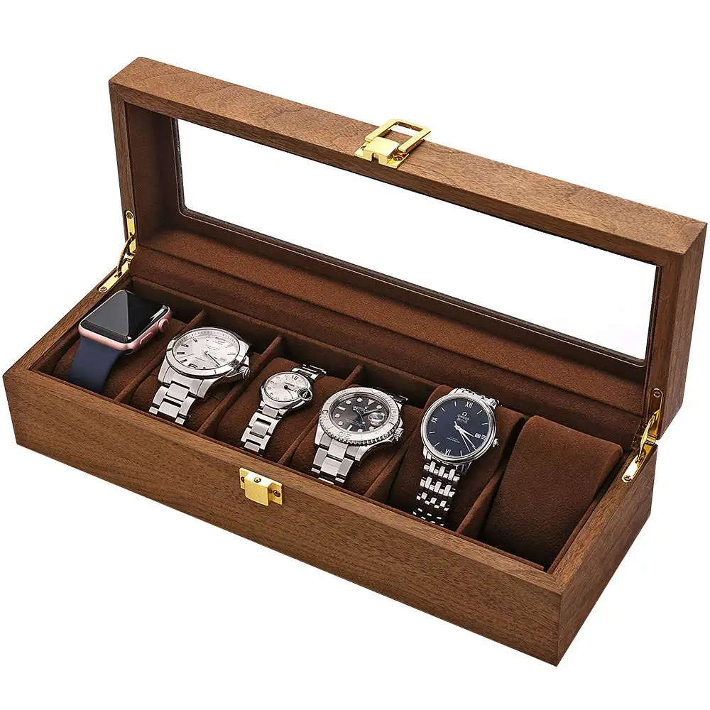 6 Slots Watch Case with Glass Top Wooden Watch Display Case Watch Organizer Storage Case