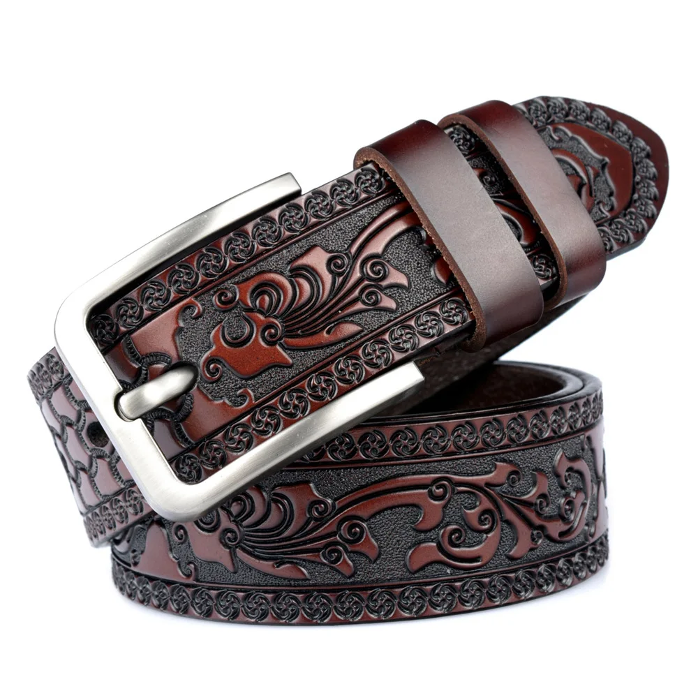 embossed leather belt factory direct sale fashion designer retro engraved western leather belts for man and woman