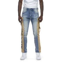 YUEGE Custom Style Jean For Man Spot Dot Ribbon Two-Color Splicing Patched Multi-Pocket Denim Jeans Men