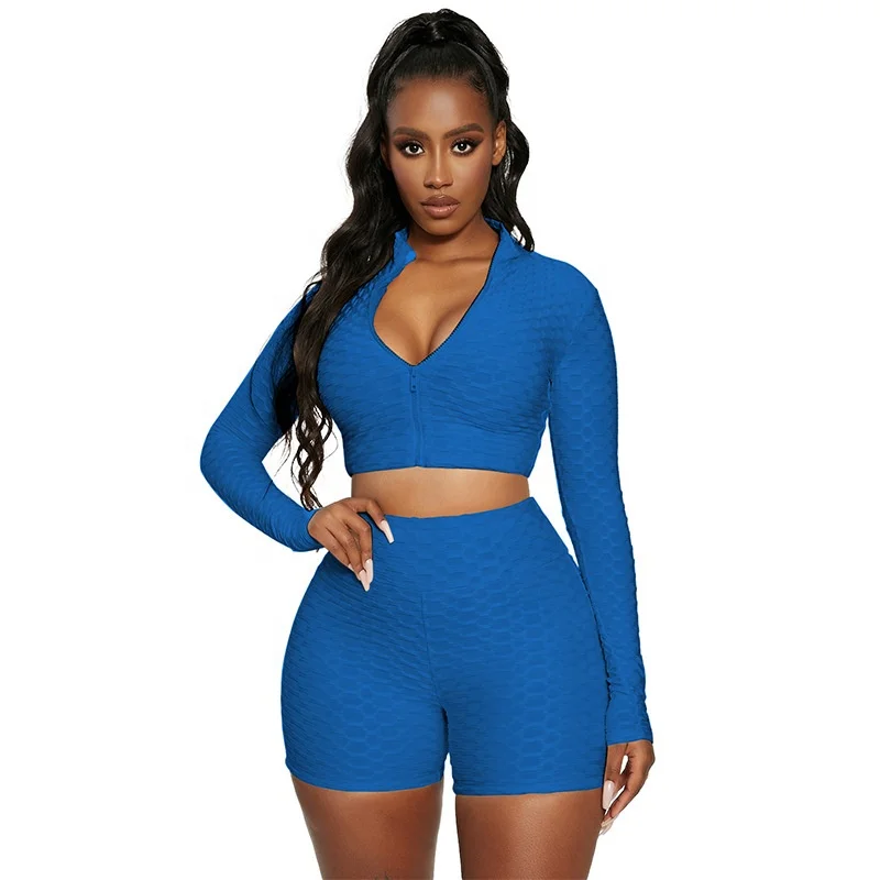 
2021 New Biker Shorts Two Piece Set Ladies Long Sleeve Zipper Crop Top Ruched Jogging Suit 2 Piece Biker Short Set for Women 