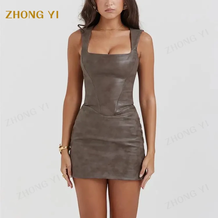 Clothing Manufacturers Custom Oem Fashion Elegant Ladies Mocha Pleats Corset Leather Faux Women Casual Sexy Mini Dresses