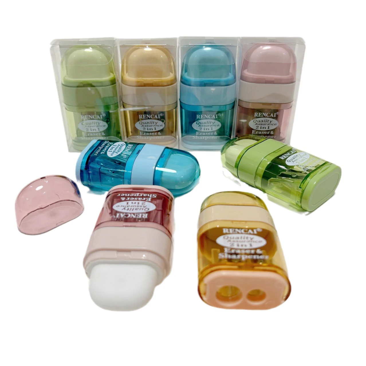 Double Hole School Pencil Sharpener with Rubber Eraser, Student School Stationery Supply Wholesale