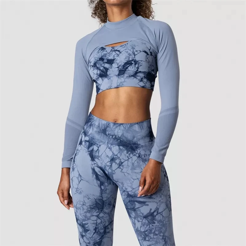 New Fall Butt Lift Brown Long Sleeve Tie Dye Women 3 Piece Sports Workout Running Yoga Legging Athletic Gym Fitness Sets