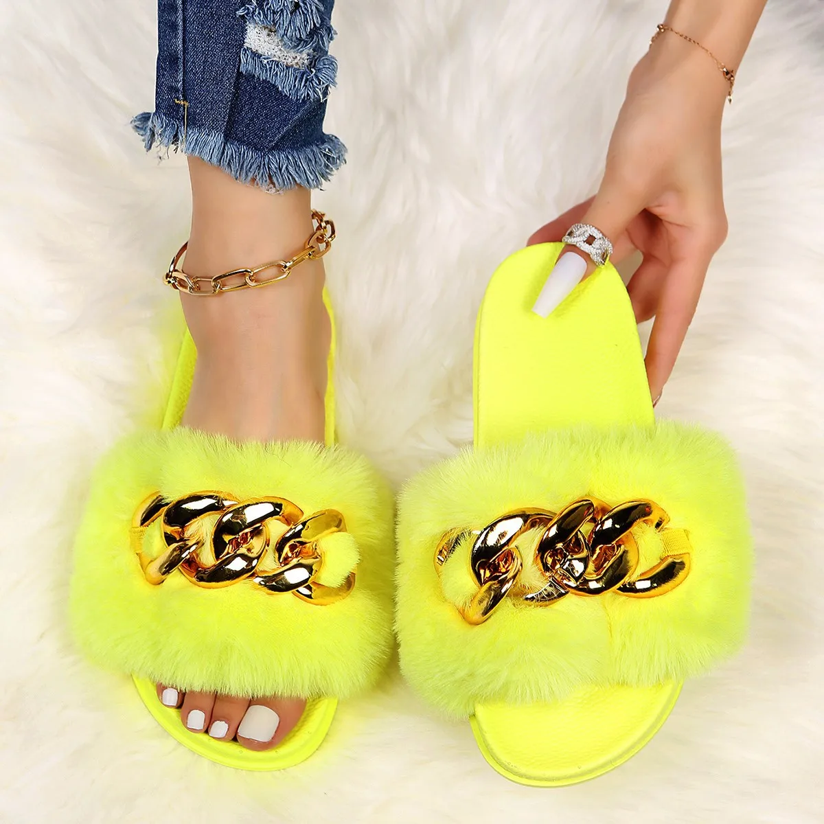 Fashion style size 43 cheaper Custom logo PVC Faux Fur Cotton Fabric Fur Slippers for Women