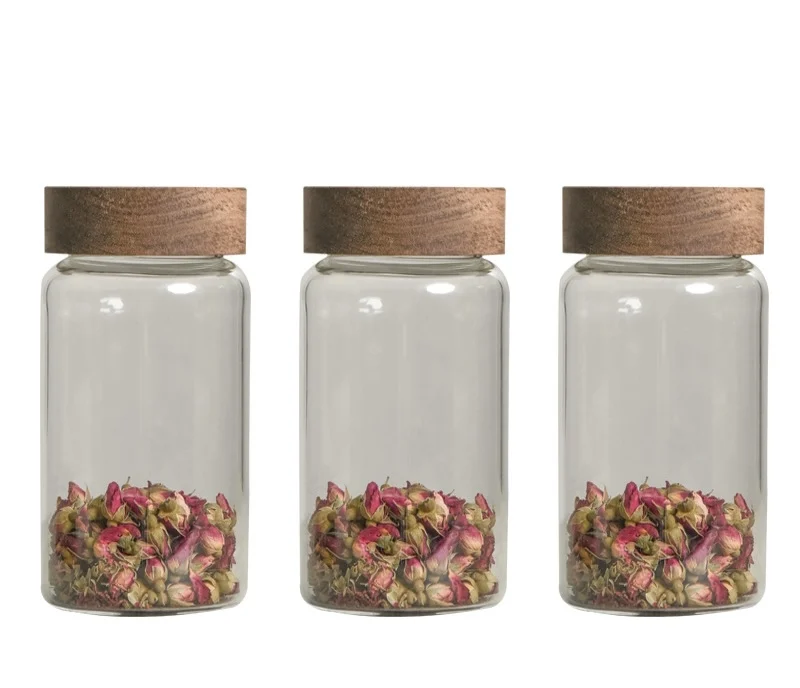 D80 580ml High borosilicate glass jar in bulk with wood lid for coffee nut candy honey