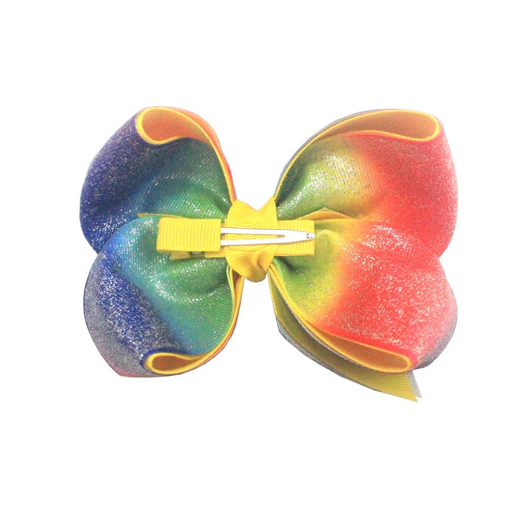 Large size handmade rainbow colors hair bows sequin leather ribbon  with alligator hair clip
