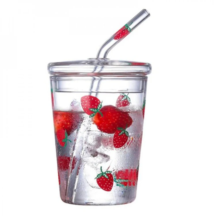 Promotion Heat-Resisting Strawberry Pattern Coffee Juice Drinking Water Glass Cup with Straw And Lid