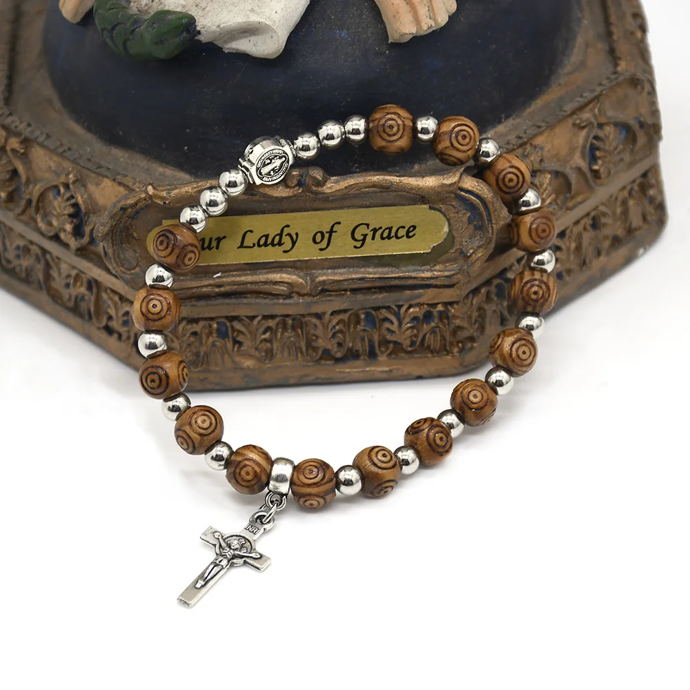 Factory  direct Sale Retro Rosary Bracelets Wooden Beads Popular Cross Bracelet Catholic Gift