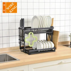 WIREKING Kitchen 2 Tier Dish Rack Easy Assembly Folding Design Plastic Knife Fork Spoon Storage Holder
