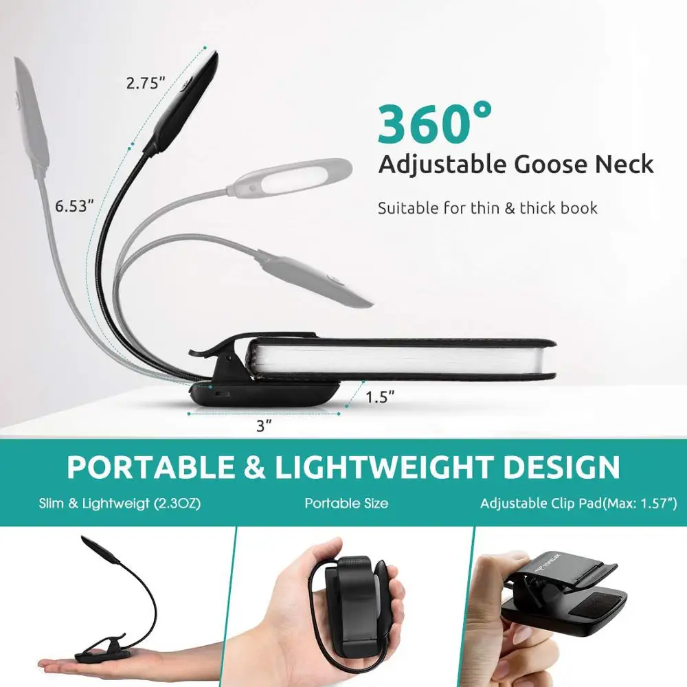 Gooseneck Clip on Reading Lamp, 7 LED Book Light with 3 Brightness ,3 Color Temperature , USB Rechargeable