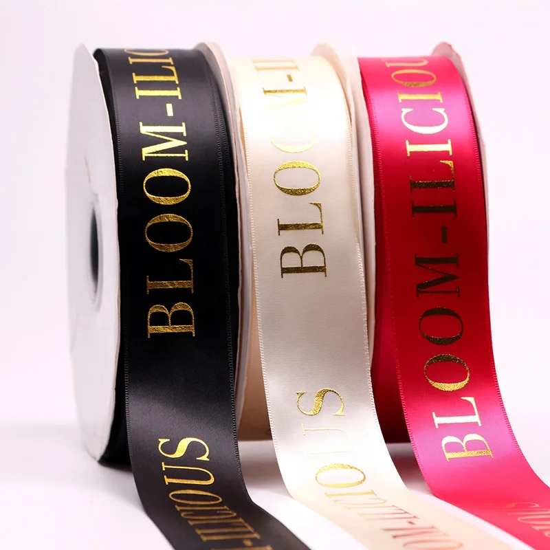 
Personalized High Quality 3.8cm Red Printed Satin Ribbon Custom Low Moq Embossed Gold Foil Printing Ribbon 