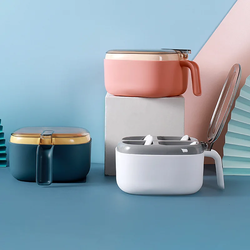 4 Tray Plastic Spic Jar Set Kitchen Seasoning Box Pot Condiments Container With Spoons