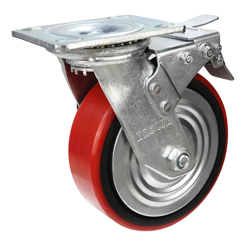 Uholan PU Heavy Duty Swivel Double Ball Bearing Caster with Brake Own Manufacturer Cast Iron Core Industrial Wheel Caster