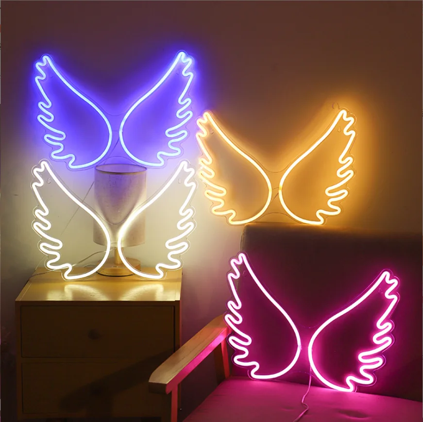 3D Art Hanging Acrylic Neon Light USB Powered Night Lamp Led Angel Wings Neon Sign For Wall Kids Room Wedding Party Bar Decor