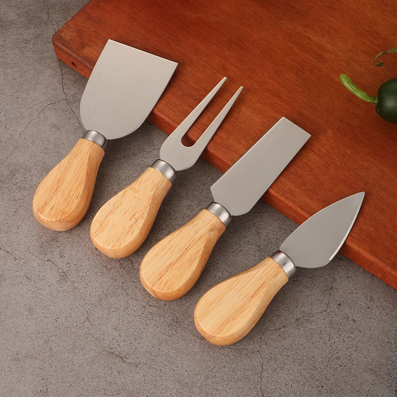 amazon hot sell kitchen accessories cheese tools bamboo cheese board 4 Pieces Wood Handle cheese knife set