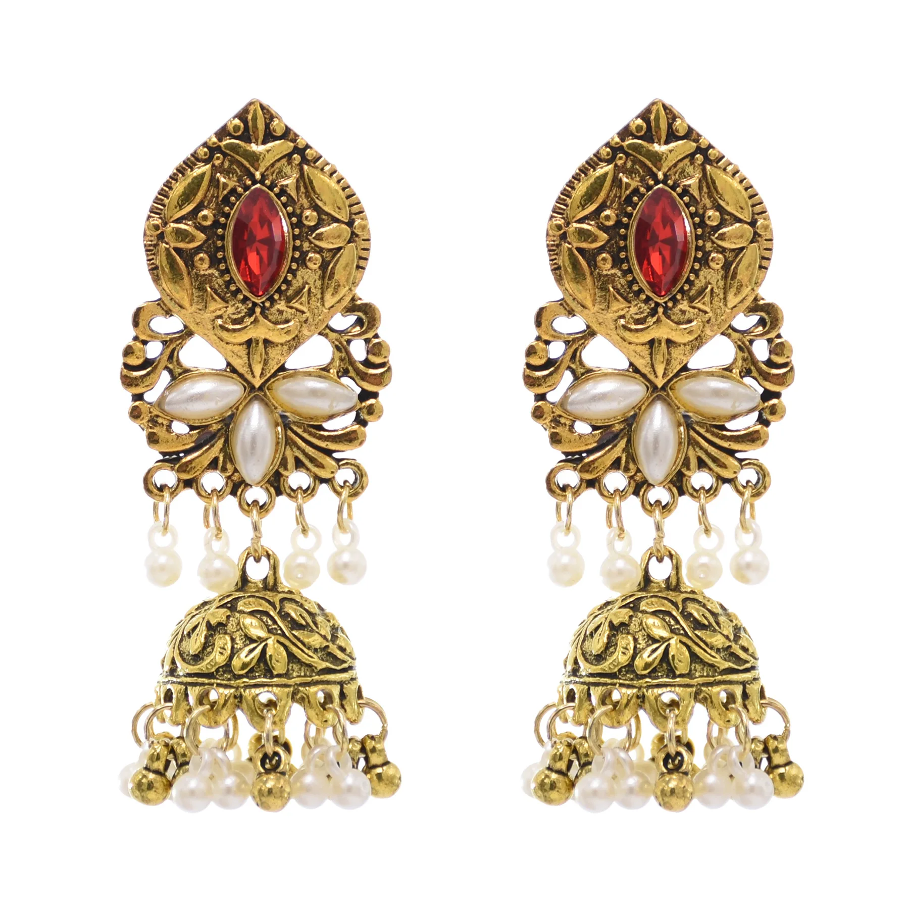 Gold Tone Art Deco Antique Vintage Art Deco Victorian Style Ruby Red Rhinestone Dangle Earrings