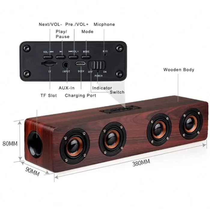 HANMOSS Rate Power 12w Wooden Speakers Blutooths Wireless Speaker With Microphone Tf Card 3.5mm Jack Aux In