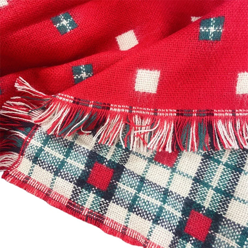Fashion Print Double-sided Tassel Shawl Scarf Christmas Women Winter Warm Gifts Long Plaid Neck Scarf