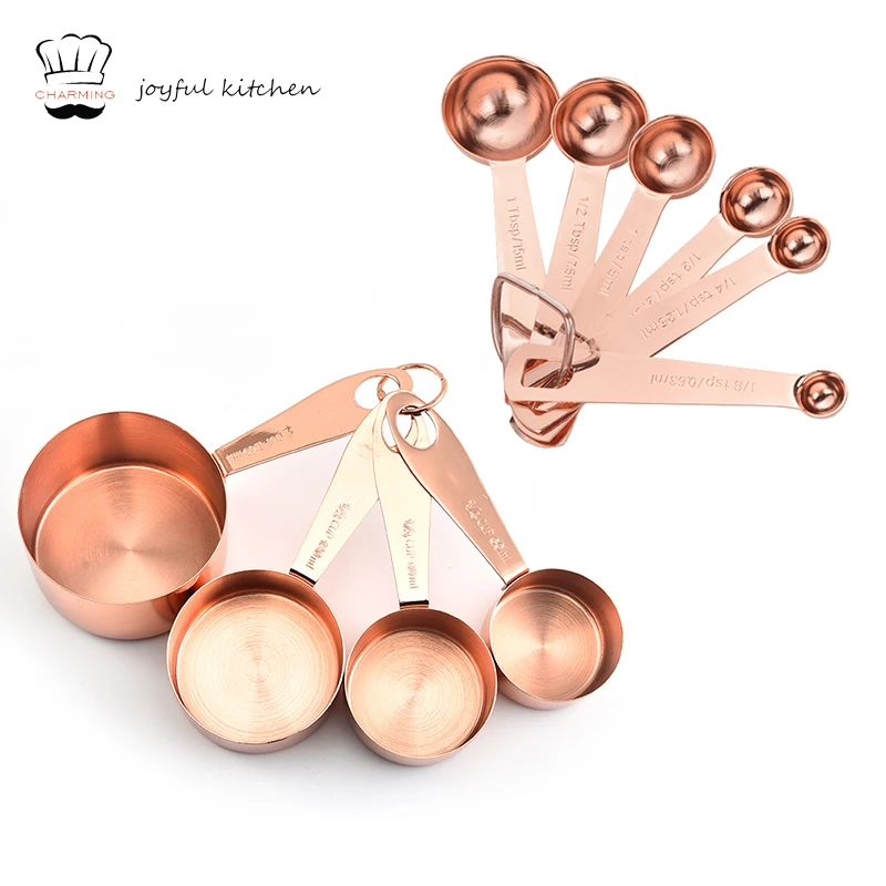 hot sale fashion high quality kitchen accessories tools gadgets 9pcs rose gold stainless steel measuring cups and spoons set