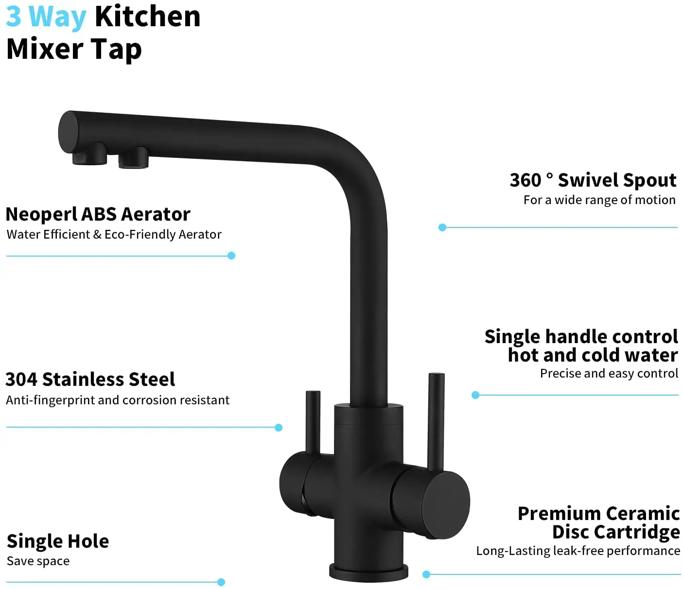 3-Way Black 360 Rotatable Kitchen Tap 3-in-1 Mixer Tap Kitchen for Water Filter Drinking Water Tap with 2 Levers Three-Way