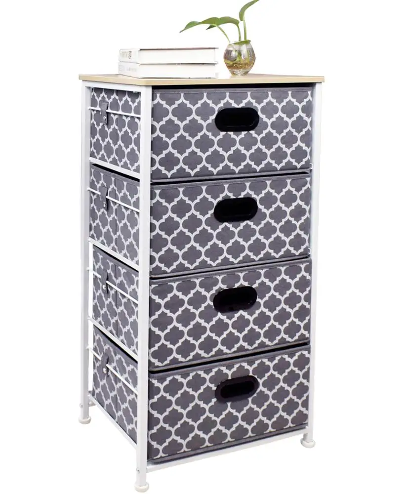 White Nightstand Dresser Storage Tower - 4 Wicker Drawers Storage Shelf - Paulownia Wood Side Tables/End Tables