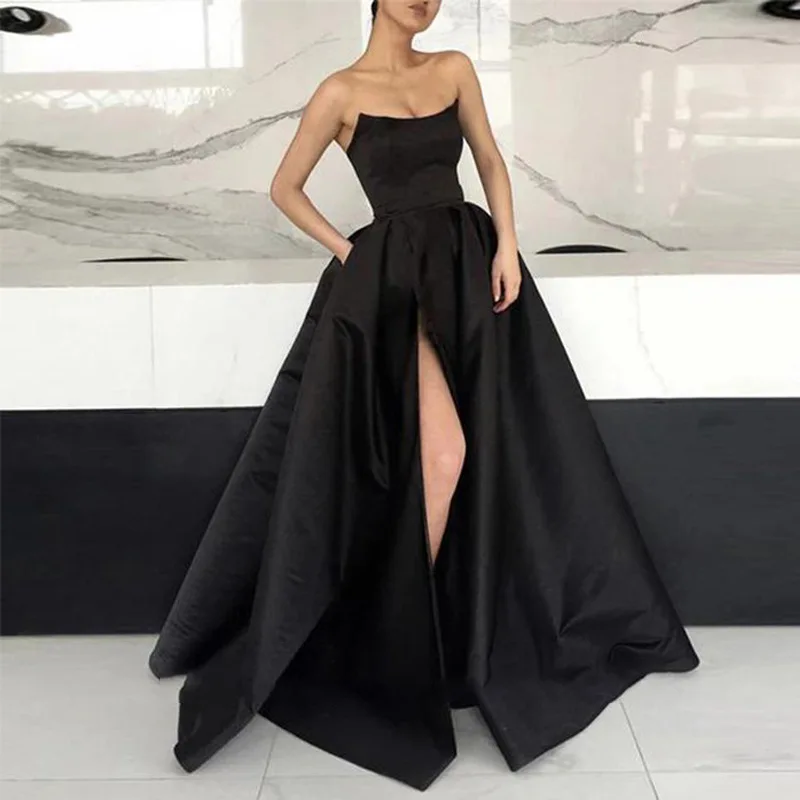 Solid Color High Slit Lady Fashion Off Shoulder Pleated Evening Dresses long dress wedding evening dress
