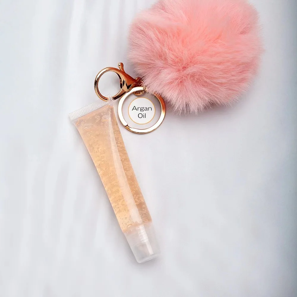 Private label lip glossy clear lip gloss container with Pompom ball chain customized liquid lipgloss with key chain