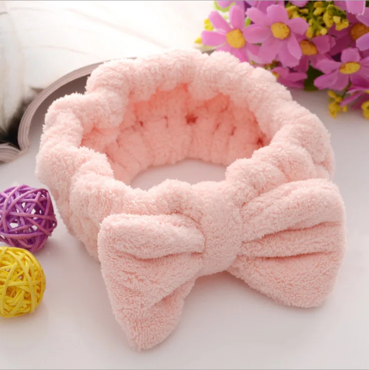 Soft Solid Color Face Makeup Hair Bands for Washing Face Shower Fluffy Coral Fleece Women Bow Facial Spa Headband