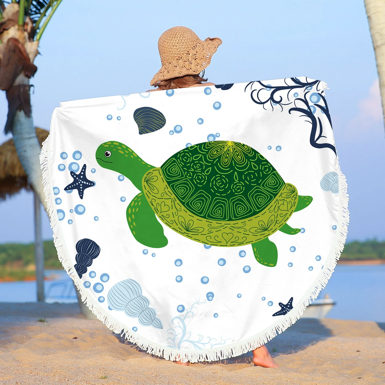 Camping Picnic Eco-friendly Outdoor Travel Camping Multiplayer Tourist Sea Turtle Print Circle Beach Mat Blanket