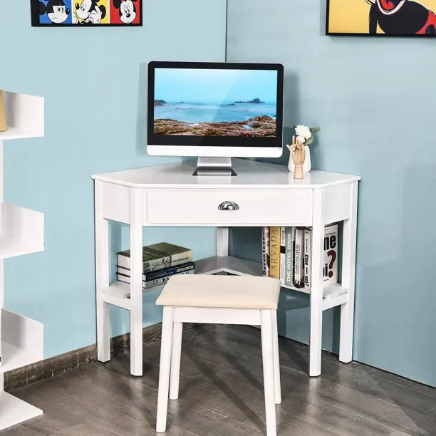 White Color Modern Wooden Cheap Computer Desk with Drawer and Shelf Corner Table for Living Room